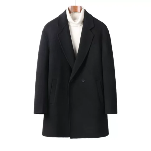 Black Mid-Length Wool Coat, 100% Australian double-faced Merino wool.