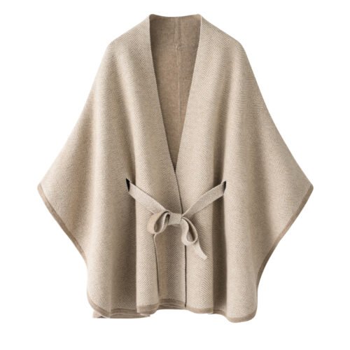 Herringbone Cashmere Cape – Sand Beige, 100% premium cashmere.