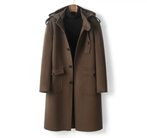 Merino Hooded Overcoat — Umber, 100% Australian double-faced Merino wool.