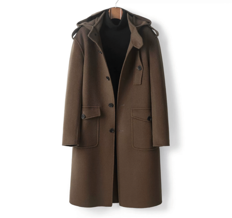 Merino Hooded Overcoat — Umber, 100% Australian double-faced Merino wool.