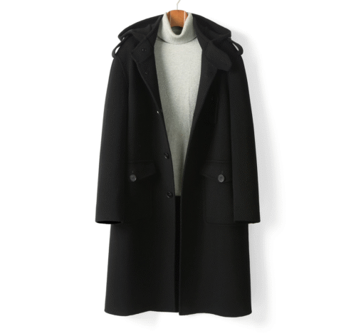 Merino Hooded Overcoat — Black, 100% Australian double-faced Merino wool.