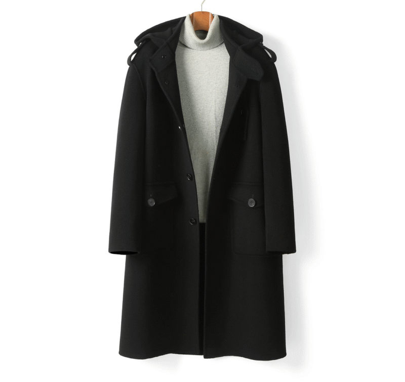Merino Hooded Overcoat — Black, 100% Australian double-faced Merino wool.
