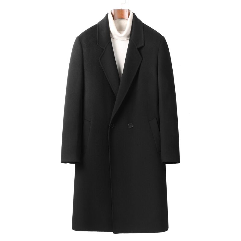 Men’s Black Double-Faced Wool Overcoat, 100% Australian double-faced Merino wool.