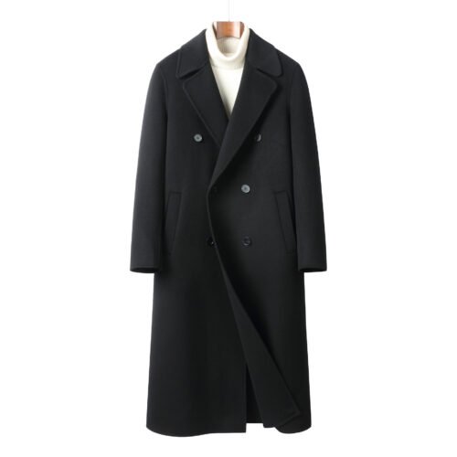 Black Wool–Cashmere Overcoat, 100% Australian double-faced Merino wool.