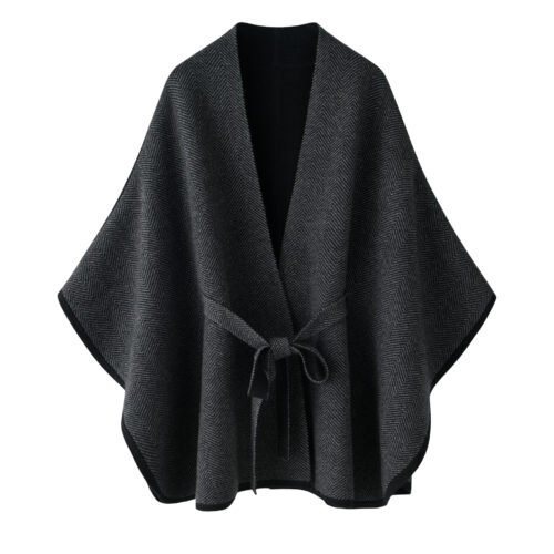 Herringbone Cashmere Cape – Charcoal Gray, 100% premium cashmere.