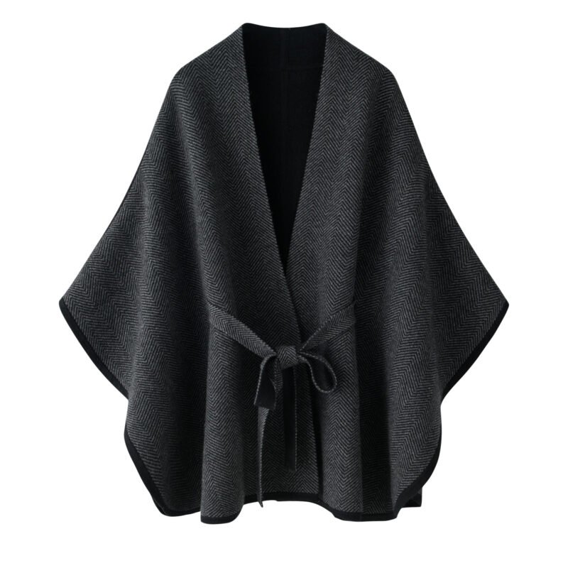 Herringbone Cashmere Cape – Charcoal Gray, 100% premium cashmere.