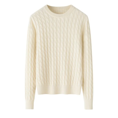 Women’s White Cable-Knit Cashmere Sweater, 100% premium cashmere