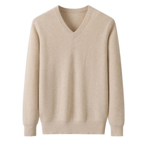 Men’s Light Beige Cashmere V-Neck, 100% premium cashmere