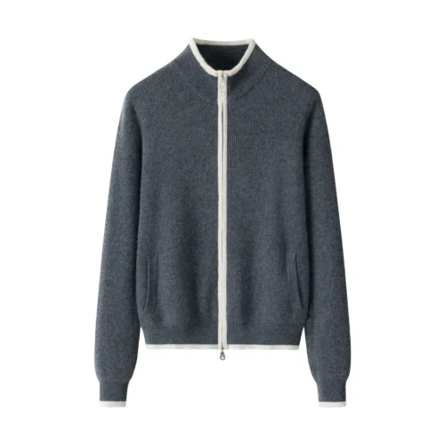 Women’s Dark Gray Cashmere Zip Cardigan, 100% premium cashmere.
