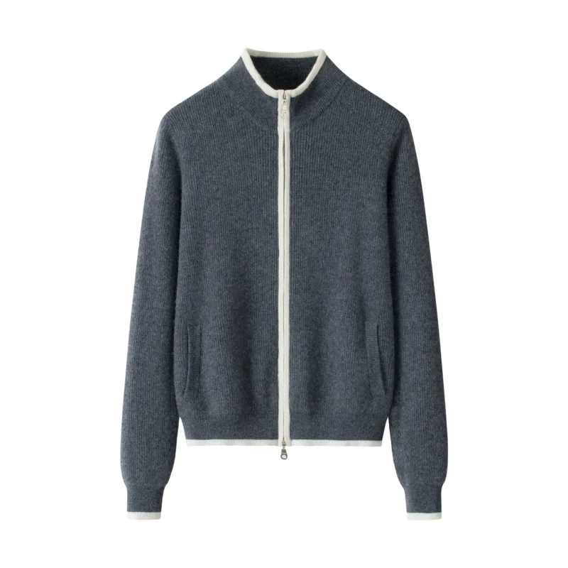 Women’s Dark Gray Cashmere Zip Cardigan, 100% premium cashmere.