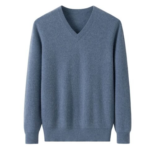 Men’s Blue Pure Cashmere V-Neck. Luxuriously Soft, Breathable, and Perfect for Every Season