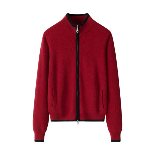 Women’s Red Cashmere Zip Cardigan, 100% premium cashmere.