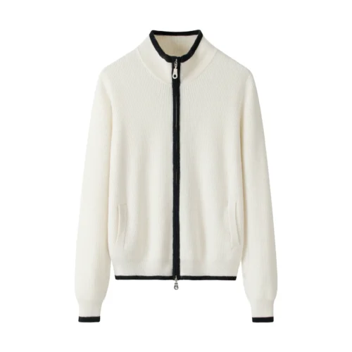 Women’s White Cashmere Zip Cardigan, 100% premium cashmere.