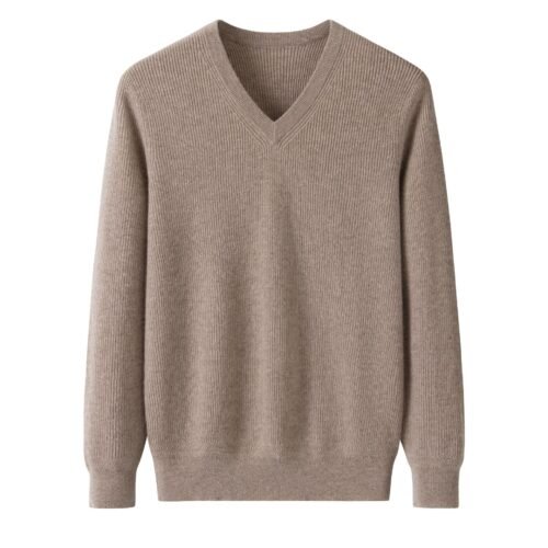 Men’s Camel Pure Cashmere V-Neck, softness, warmth, and breathability.