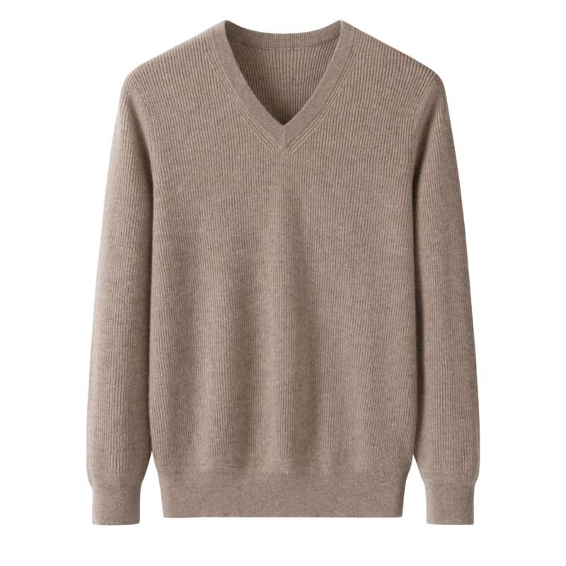 Men’s Camel Pure Cashmere V-Neck, softness, warmth, and breathability.