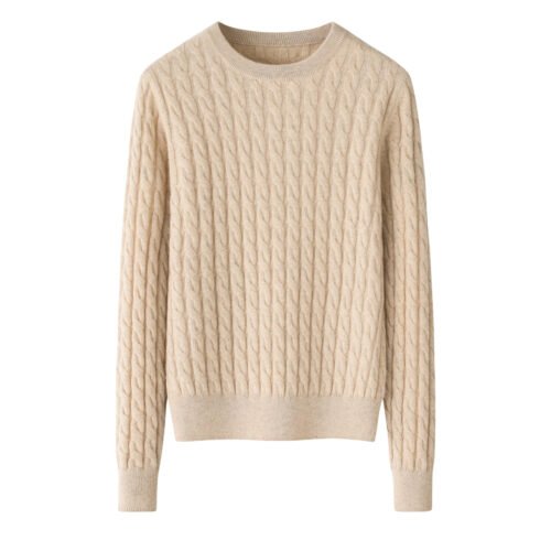 Women’s Light Beige Cable-Knit Cashmere Sweater, 100% premium cashmere